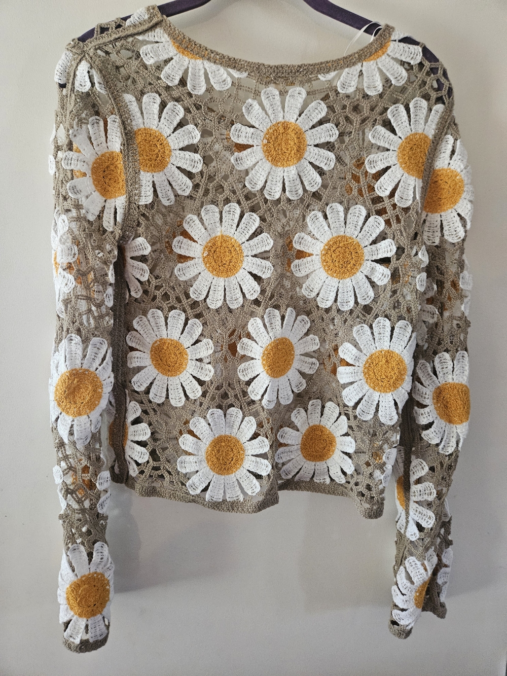 Crochet Daisy Pullover Sweater - Taupe with White & Yellow - Picture 2 of 3